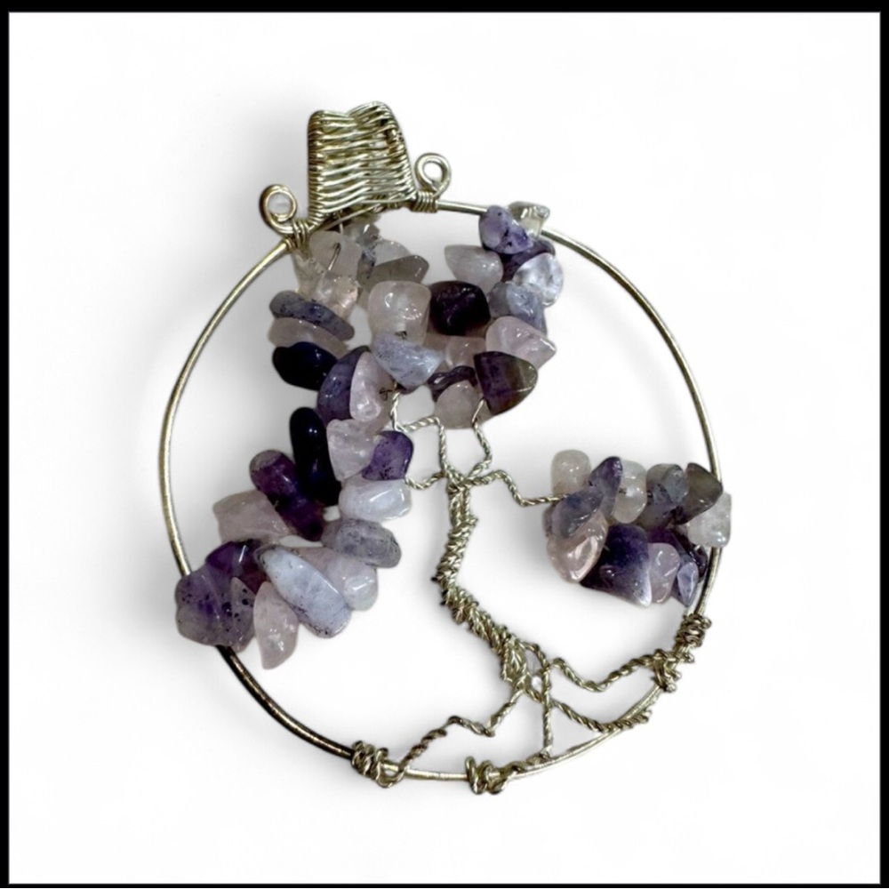 Handcrafted Amethyst and Rose Quartz Tree of Life Pendant